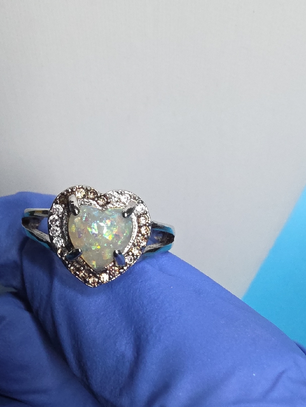 Heart Opal Halo Ring in Iridescent White - Women's Jewelry Sterling Silver 925